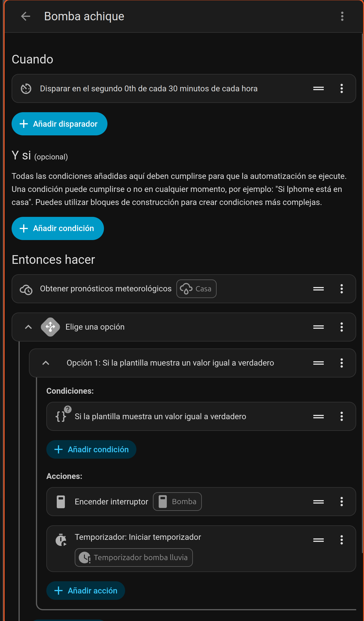 Vista general de la automatización de la bomba de achique en Home Assistant