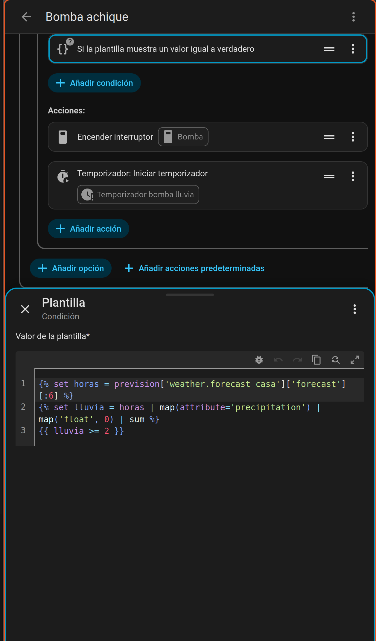 Plantilla de Home Assistant que suma la precipitación prevista durante seis horas